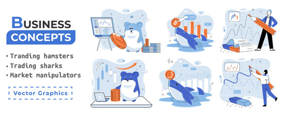 Stock market manipulation concepts set, change business graph indicator, influence crypto currency price for benefit or profit. Character analyzing stock market data to control financial graphic chart
