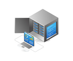 Isometric flat 3d illustration concept of analysis server rack box