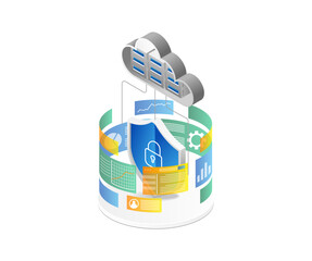 Isometric flat 3d illustration concept of analysis screen with cloud server security