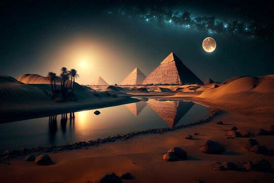 Las pir&aacute;mides de Egipto con un lago al anochecer
