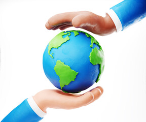 Sustain earth concept: Human plasticine stylised hands holding Earth