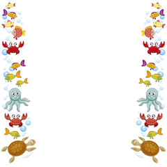 vector frame with turtle, crabs, fishes, air bubbles, sea life in water, sea animal, white background