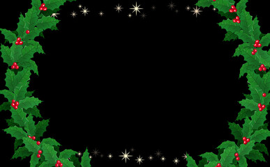 クリスマス☆イラスト素材 柊のリース・大とキラキラ星 黒背景 色違い・差分有