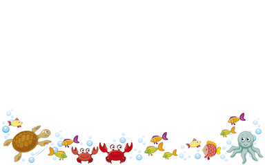 vector frame with turtle, crabs, fishes, air bubbles, sea life in water, sea animal, gorizontal white background