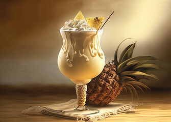 Pina Colada Cocktail in a glass with a straw and pineapple pieces and a whole pineapple. AI generated.