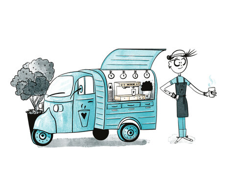 barista with mini mobile espresso bar