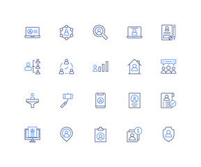 User icon set. Editable stroke. Duotone color. laptop, user, human, team, house, team meeting, filter, avatar, file, approved, cv, placeholder, customer, personal security.