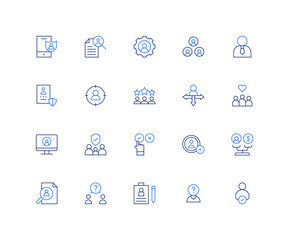 User icon set. Editable stroke. Duotone color. user, job search, investor, headhunting, team, happy client, family, approved, equality, search, communications, personal file, choose.