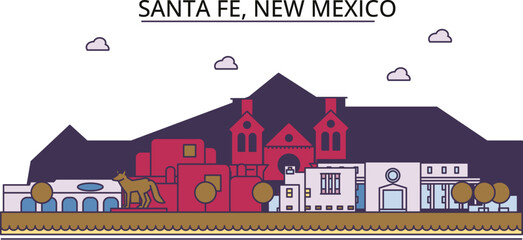 Fototapeta premium United States, Santa Fe tourism landmarks, vector city travel illustration