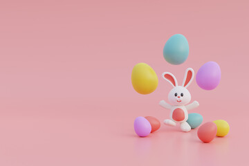 Happy Easter day. Colorful easter eggs with cute bunny. International Spring Celebration. 3d rendering.