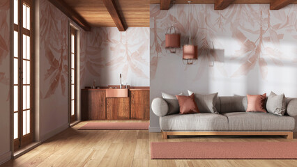 Modern trendy living room and kitchen with wallpaper in orange and beige tones. Wooden cabinets and fabric sofa. Minimal farmhouse interior design