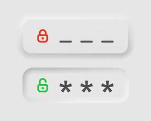 Password bar in neumorphism style. Icons for business, white UI, UX. Security symbol. Pin-code, access approved, locked, unlocked. Neumorphic style. Vector illustration.