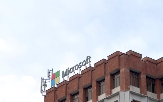 Yerevan, Armenia, March 12, 2023: Microsoft logo at office building. Microsoft sign.