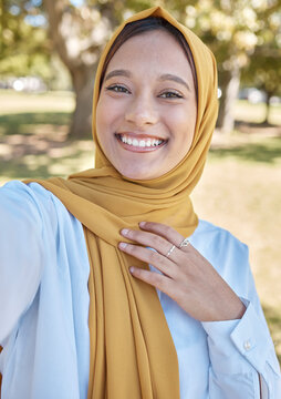 Muslim, Young Woman And Selfie With Hijab Outdoor, Happy Influencer With Travel Blog, Freedom In Nature And Vacation. Islamic Fashion, Gen Z Youth And Female Smile In Picture In Dubai With Memory