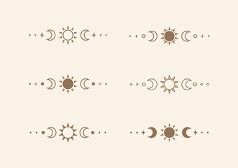 Celestial text divider with sun, stars, moon phases, crescents. Ornate boho mystic separator decorative element