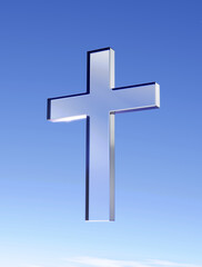 A glass material Christ cross floating on  blue clear sky