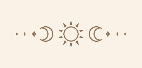 Celestial text divider with sun, stars, moon phases, crescents. Ornate boho mystic separator decorative element