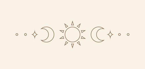 Celestial text divider with sun, stars, moon phases, crescents. Ornate boho mystic separator decorative element