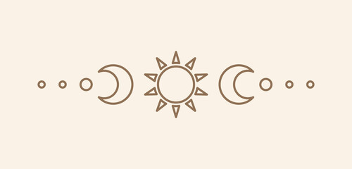Celestial text divider with sun, stars, moon phases, crescents. Ornate boho mystic separator decorative element