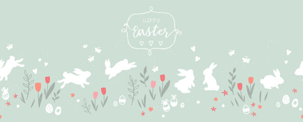 Cute hand drawn easter bunnies horizontal seamless pattern, easter doodle background, great for textiles, banners, wallpapers, wrapping - vector design