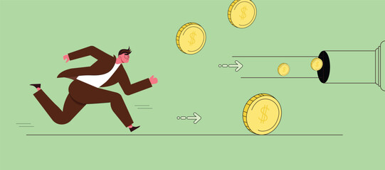 Chasing profit. Business vector illustration
Greedy businessman running to grab money coin trail. Running away money in the tube.
