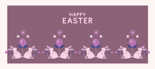 Happy Easter Set of banners with bunny and easter eggs on blue and orange background,greeting cards, posters, holiday covers.Modern art minimalist style