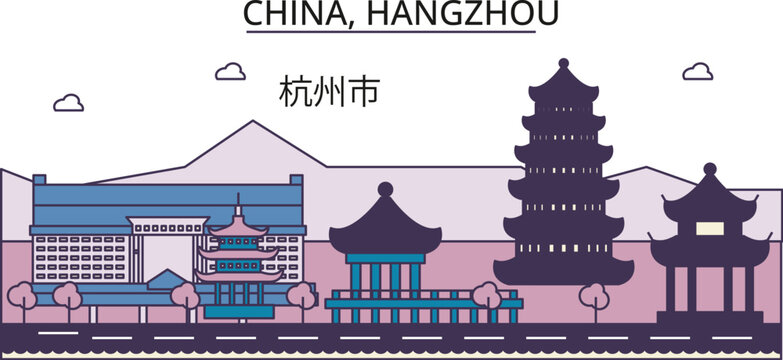 China, Hangzhou tourism landmarks, vector city travel illustration
