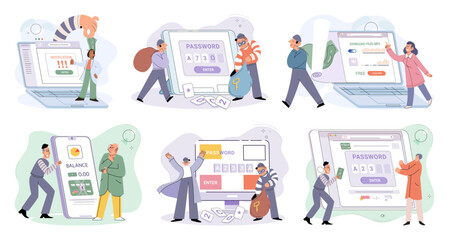 Hacker activity. Hacking computer. Phishing account, steal data, cyber attack. Stealing password. Cyber crime, theft personal information, cyber security spy access. Internet fraud scenes set metaphor