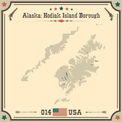 Large and accurate map of Kodiak Island Borough, Alaska, USA with vintage colors.