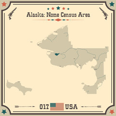 Large and accurate map of Nome Census Area, Alaska, USA with vintage colors.