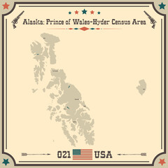 Large and accurate map of Prince of Wales-Hyder Census Area, Alaska, USA with vintage colors.