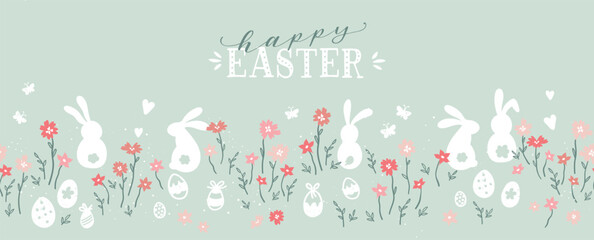 Plakat Cute hand drawn easter bunnies horizontal seamless pattern, easter doodle background, great for textiles, banners, wallpapers, wrapping - vector design