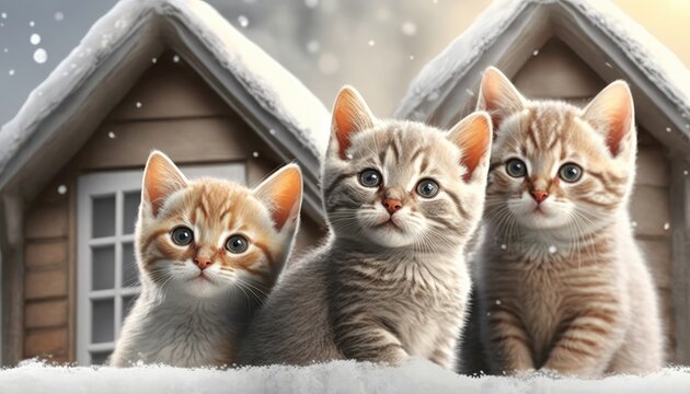 Three Cute Kittens Playing in the Snow. AI generate