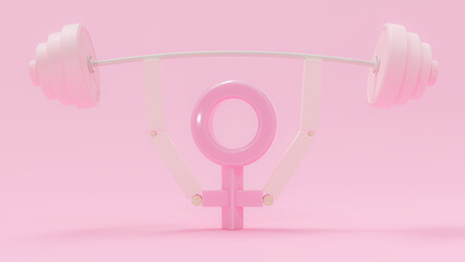 Pink female gender symbol lifting barbell weight On pink background. Strong woman or Resolute woman idea concept. 3D render.