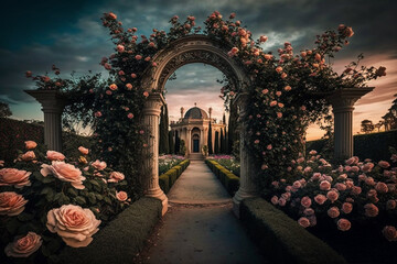 A beautiful landscape of plants and flowers. Generative AI