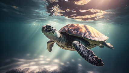 Green sea turtles are swimming in the stunningly pure water among the vibrant coral reef. Generative Ai.