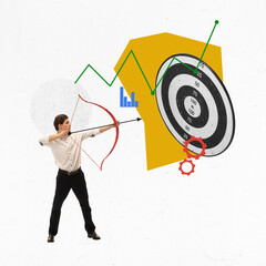 Target. Creative conceptual design. Man, marketer aiming a bow at target. Finding out target...