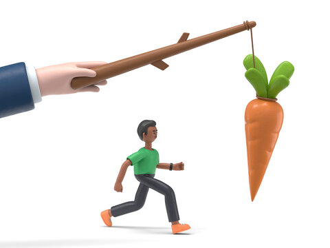 3D illustration of smiling handsome afro man David running for bait,Big hand holds carrots on stick.Incentive concept. Business metaphor. Personnel management leadership. Motivate people. 3D rendering
