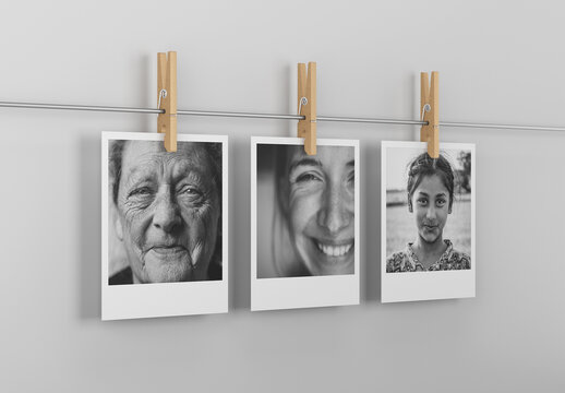 Instant Photos Mockup Hanged on Wire with Clothespins