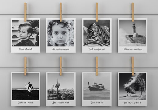 Instant Photos Mockup Hanged on Wire with Clothespins