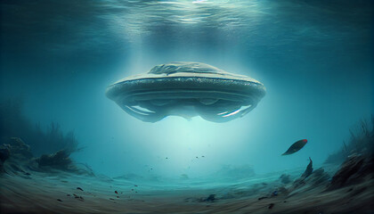 Fototapeta na wymiar UFO, an alien plate hovering above water, hovering motionless in the air. Unidentified flying object, alien invasion, extraterrestrial life, space travel, humanoid spaceship mixed medium
