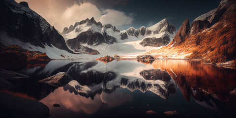 paysage d'un lac au pied de montagnes enneigées