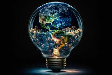 Earth hour, ecology and environment concept. Blue planet Earth in space in a glowing light bulb on a black background, earth day. Generative AI.