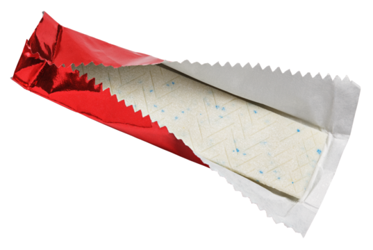 Chewing gum plate wrapped in red foil isolated on transparent background