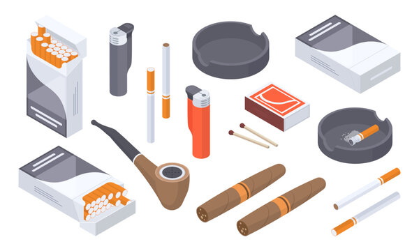 Isometric smoking accessories. Nicotine smoke, tobacco cigarettes, pipe, cigar, matches box and lighter 3d vector illustration collection