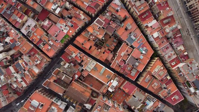 Aerial view of the Raval neighborhood in the city center of Barcelona, Spain.