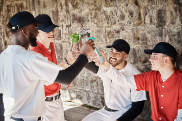 Baseball player, team or people toast to success in training or match game to celebrate victory in...