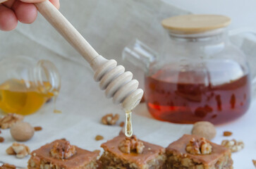 honey baklava with a dripping drop of honey