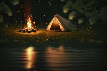 Tent and campfire at night by the lake in the forest. AI generative.