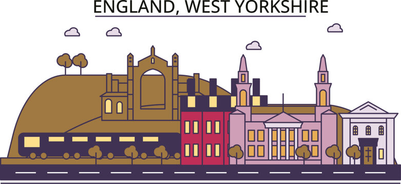 United Kingdom, West Yorkshire tourism landmarks, vector city travel illustration